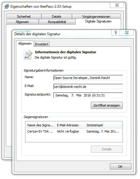 Über die Datei-Eigenschaften lässt sich die Signatur von Programmen überprüfen.