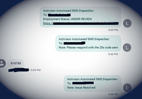 Screenshot einer SMS-Konversation: SMS1: Eployment Status UNDER REVIEW, dazu ein geschwärzter Link; SMS2: Please respond with the 2FA code sent; Antwort: 816740; SMS3: Issue Resolved