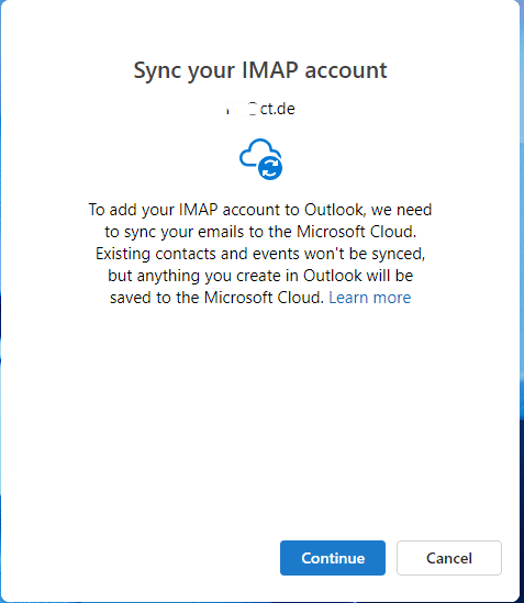 Warning message of the new Outlook version when adding a non-Microsoft account
