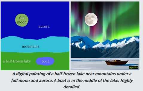 A digital painting of a half-frozen lake near the mountains under a full moon and auroras.  A boat is in the middle of the lake.  Very detailed.