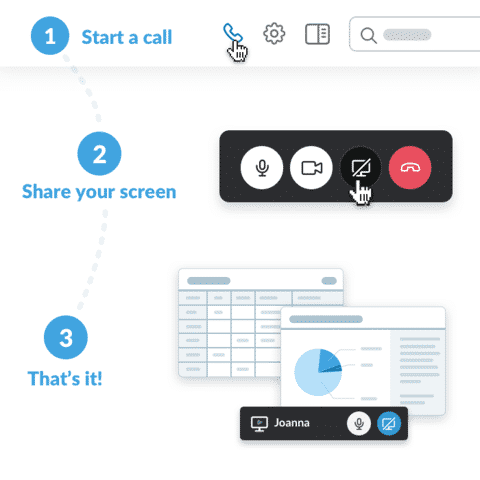 Screen-Sharing via Slack: Video-Konferenz starten, Icon anklicken – schon schaut man sich gemeinsam eine Präsentation an.