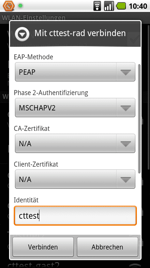 Die richtigen Einstellungen für ein Android-2.1-Handy lauten PEAP und MSCHAPv2.