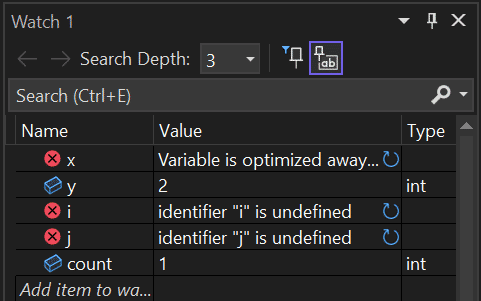 Debugger mit nicht sichtbaren Variablen