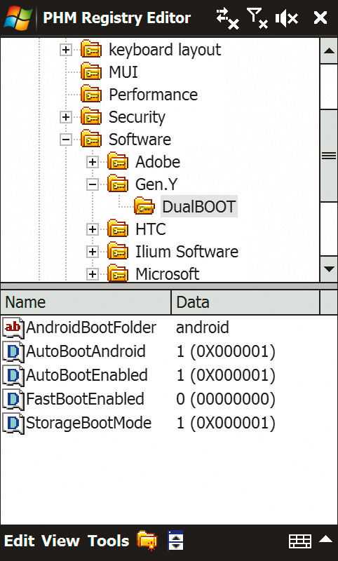 Nur mit diesen Einstellungen in der Registry von Windows Mobile lief der Bootmanager auf allen Testgeräten. Die letzten vier Werte müssen als dwords eingetragen werden.