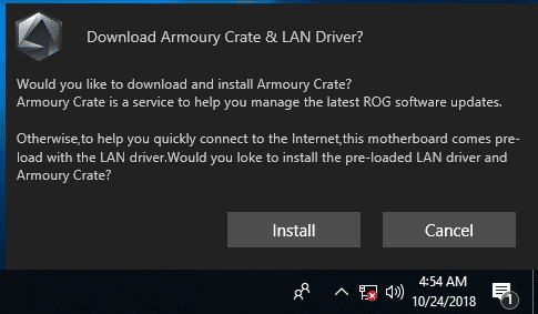 Auf einer frischen Windows-Installation ohne Netzwerkverbindung erscheint ein Pop-up zu Asus Armoury Crate