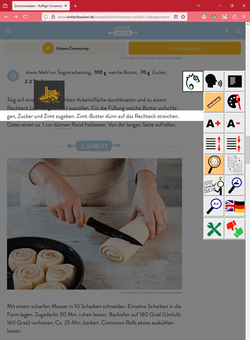Screenshot der Desktopversion von Easy Reading. Die Funktionen Leselineal und Symbolsuche sind aktiviert (Abb. 2).
