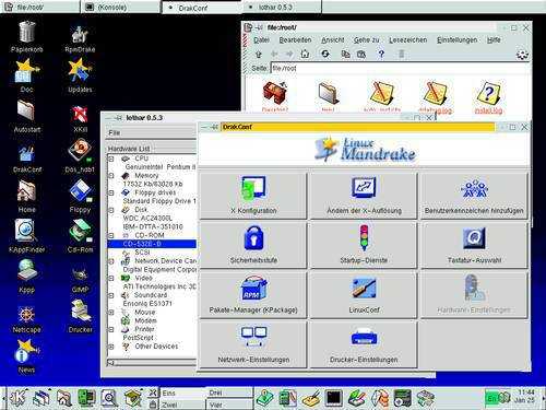 Mandrake Linux 7.0 von Anfang 2000: Red-Hat-Unterbau,KDE-Desktop, eigenes Konfigurations-Tool.