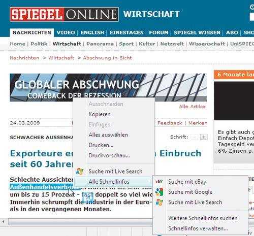 Mit Schnellinfos lassen sich gefundene Informationen schnell weiternutzen, etwa als Suchanfrage.