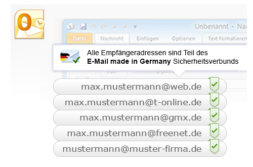 Ein spezielles Add-in zeigt beim Mailprogramm Outlook an, ob eine Empfängeradresse Nachrichten über verschlüsselten Mail-Transport erhält (grüne Haken). Das Add-in setzt Outlook ab der Version 2010 voraus.