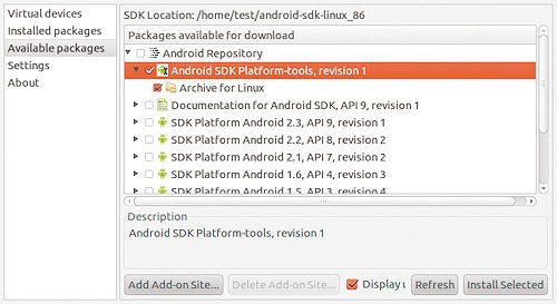 Der Android SDK and AVD Manager installiert die Plattform-Tools.