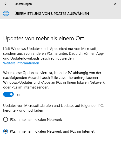 Windows 10 lädt Updates via Filesharing