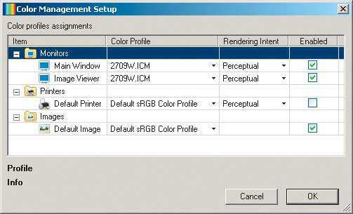 Vorbildlich: Beim Bildbetrachter ExifPro kann man das Farbprofil auswählen, mit dem profillose Bilder angezeigt werden. Auch das Monitorprofil und sogar dessen Rendering Intent (die Umrechnungsmethode) kann der Anwender einstellen.