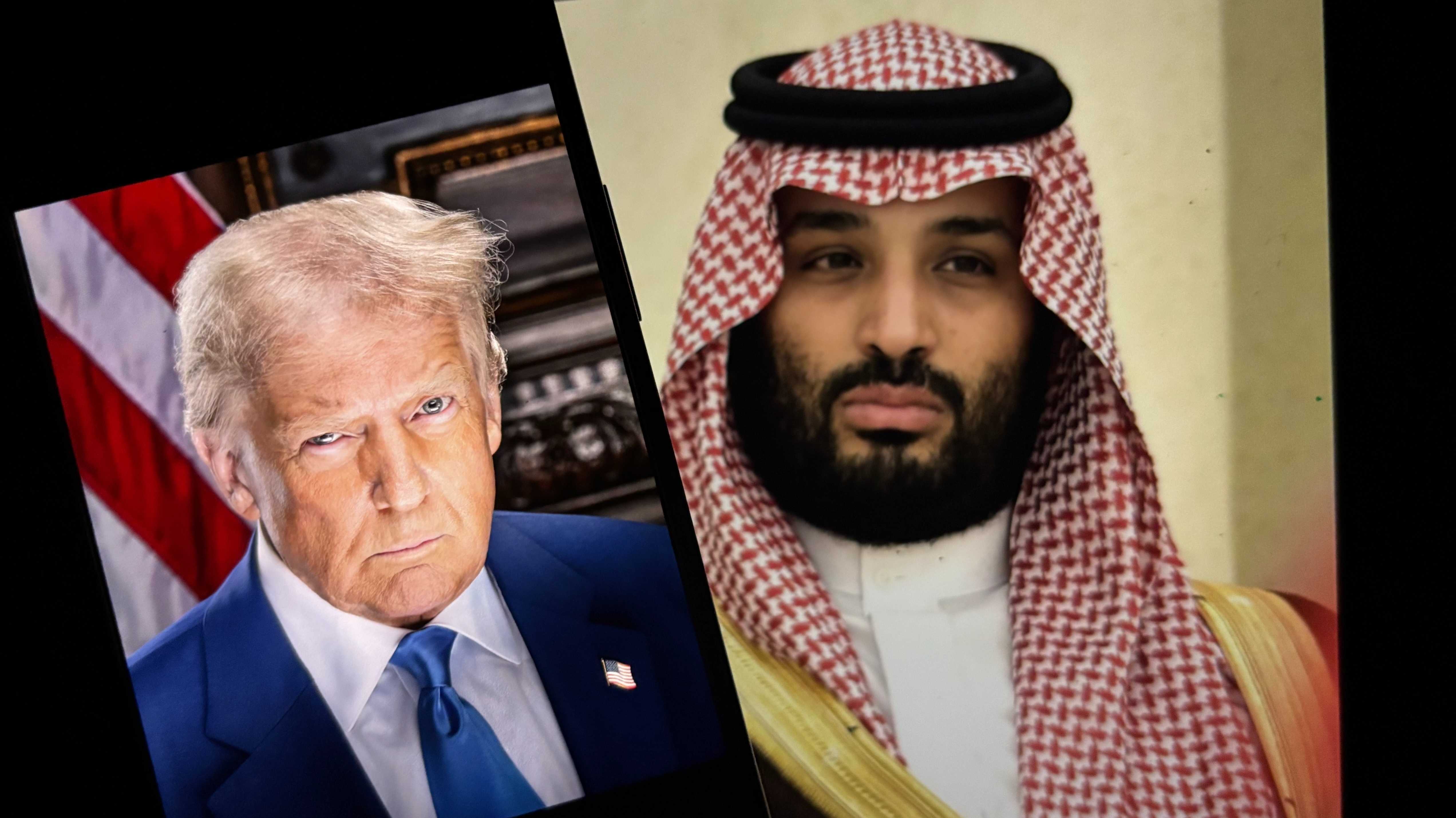 Donald Trump und der saudische Kronprinz Mohammed bin Salman als zwei Einzelportraits auf Handydisplays dargestellt