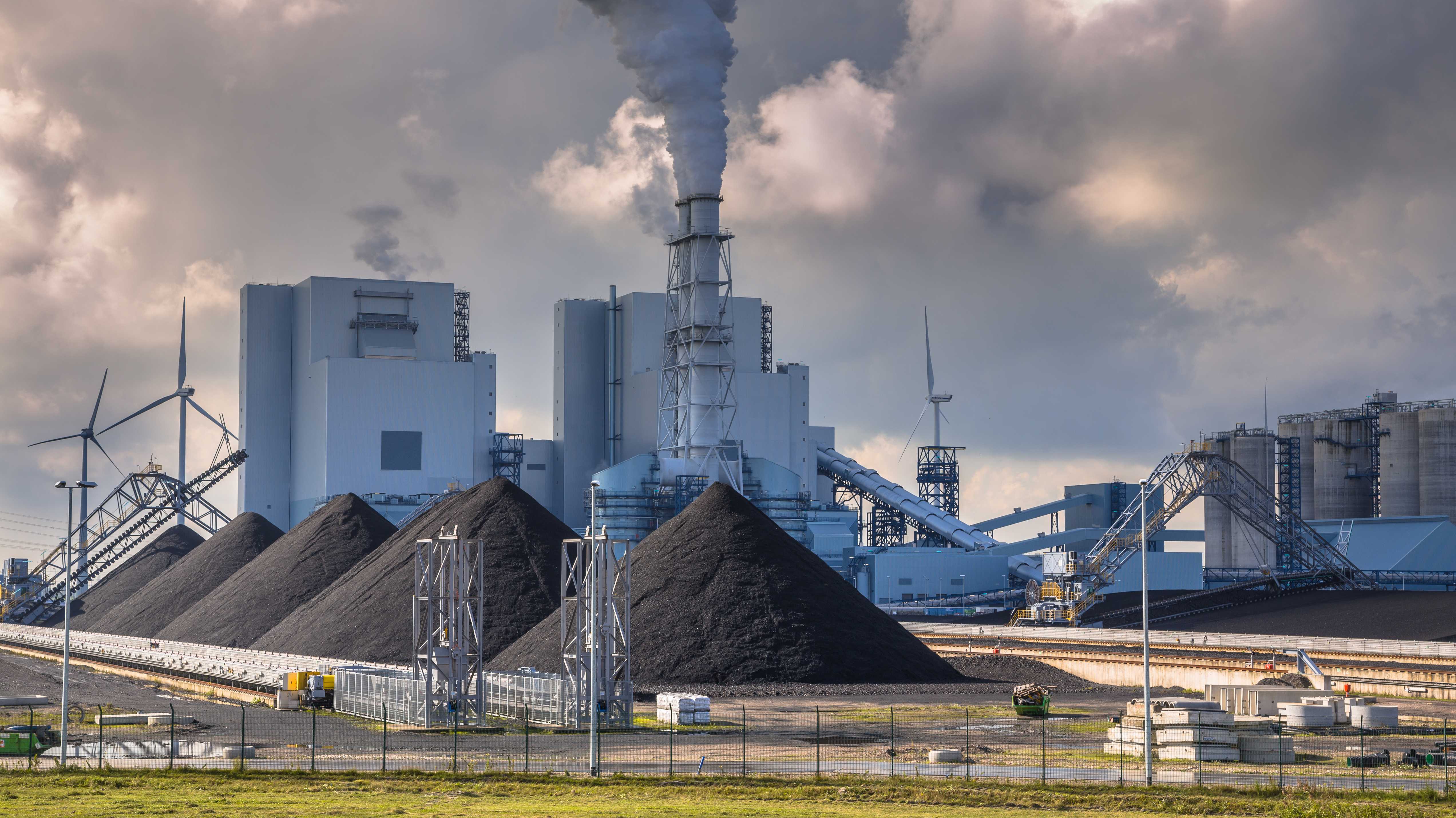 Blick auf ein Kohlekraftwerk, vor dem große Halden mit Kohle sind.