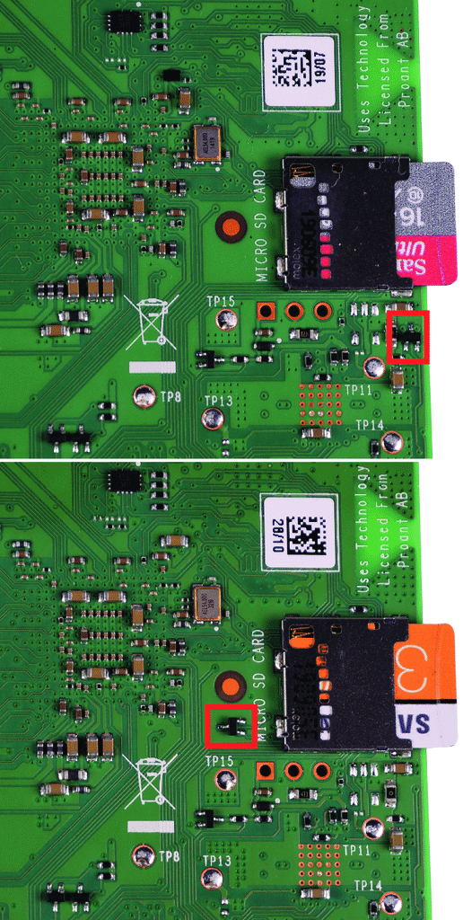 Ein Blick auf die Unterseite des Raspberry Pi 4 offenbart, um welche Board-Revision es sich handelt: Gibt es einen Transistor unmittelbar neben dem Schriftzug &quot;MICRO&quot; des MicroSD-Kartenschachts (unten), handelt es sich um die neue Board-Revision 1.2 ohne USB-C-Bug. Bei alten Raspi 4 (oben) befindet sich der Transistor noch am Platinenrand.