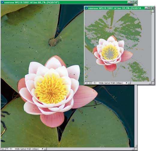 Photoshop unterstützt zwei Ansichten desselben Bildes (versteckt unter Fenster/Ansichten). Wenn nur für eines davon die Farbumfang-Warnung eingeschaltet wird, kann man sowohl die Monitordarstellung als auch die Grenzen des Druckerfarbraums kontrollieren.