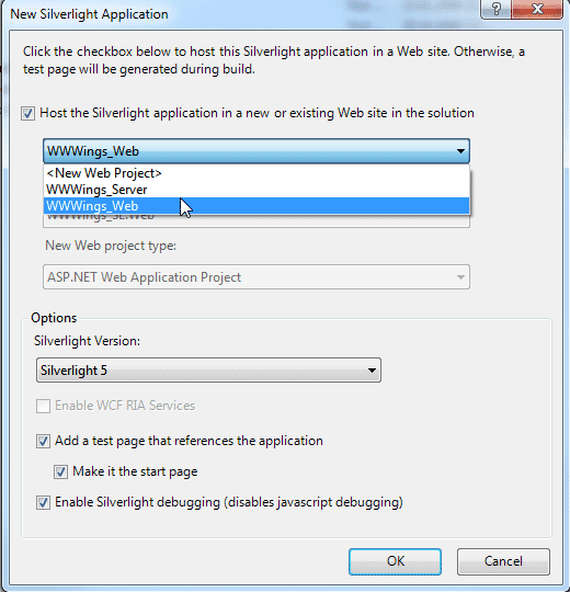 Optionsdialog beim Anlegen einer neuen Silverlight-Anwendung in Visual Studio (die Version 5.1 erscheint nicht explizit im Dialog) (Abb. 1).