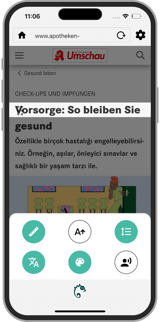 Screenshot der mobilen Version von Easy Reading. Die Funktionen Leselineal, Zeilenabstand sowie Farbe ändern und Übersetzung sind aktiviert (Abb. 3).