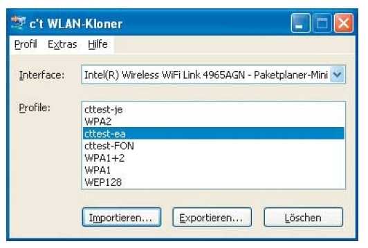Der c't-WLAN-Kloner bietet alle WLAN-Profile zum Exportieren an und schreibt die Funknetz-Parameter in eine XML-Datei. Das Tool kann auch einen USB-Stick so präparieren, dass das WLAN-Profil beim Anstecken an den Zielrechner automatisch importiert wird.