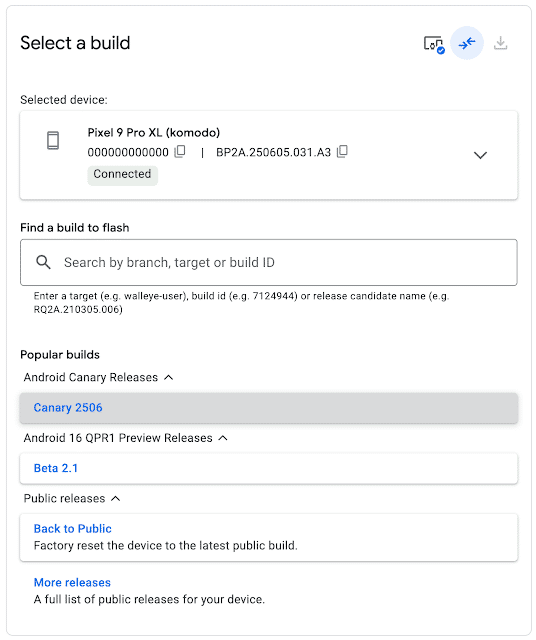 Selection window in the Android flash tool