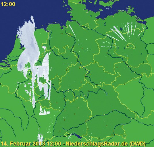 Das Radarsystem des Deutschen Wetterdienstes leidet inzwischen erkennbar unter Störungen fehlerhafter WLAN-Basen: Vor allem um den Standort Berlin-Tempelhof sind zahlreiche Speichen erkennbar, die Niederschlag anzeigen, wo keiner fällt.