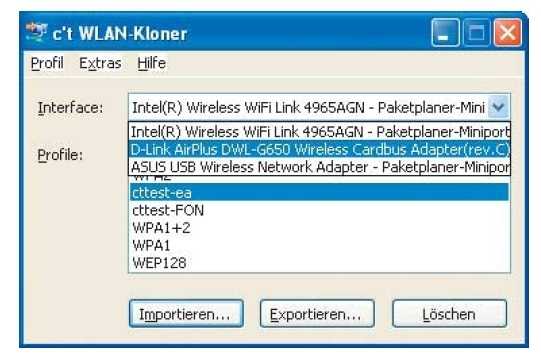 Besitzt ein Rechner mehrere WLAN-Schnittstellen, dann wählt man per Ausklapper jene, deren Profil zu exportieren ist.