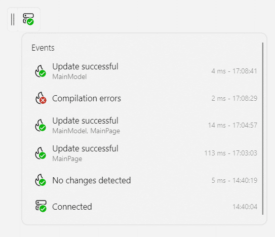 One click on the Hot Reload indicator reveals the history