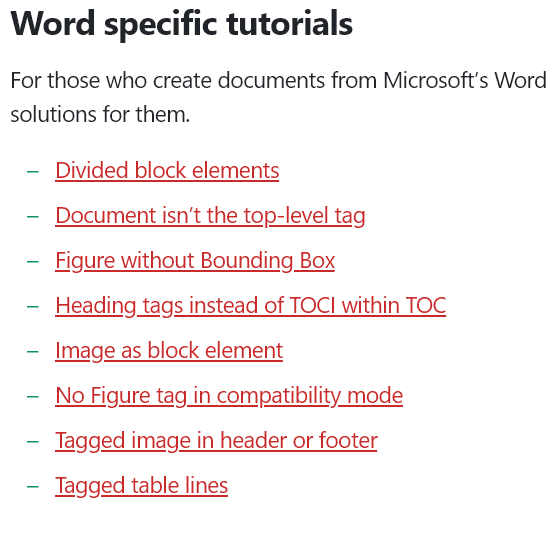 Spezifische Fehler des Word-Exports lassen sich mit der Tutorial-Sammlung auf Accessible-PDF.info reparieren., 
