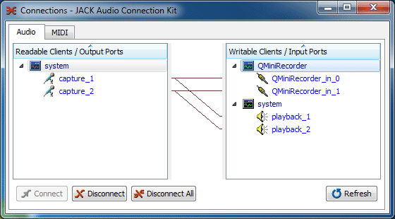 Der Connections-Dialog von QJackCtl dient der virtuellen Verschaltung von Audio- und MIDI-Geräten und Applikationen (Abb. 3).