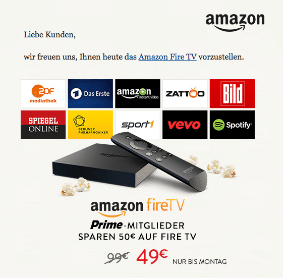 Deutsche Amazon-Kunden können Fire TV ab sofort vorbestellen; schnell Prime-Kunden bekommen die Box für 49 Euro.