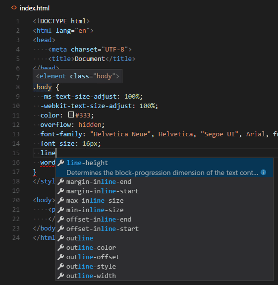 Visual Studio Code 1.7 zeigt Autovervollständigung für in HTML eingebettete CSS-Elemente.