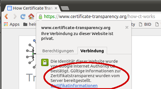 Bislang reagiert nur Chrome auf Certificate-Transaprency-Informationen.