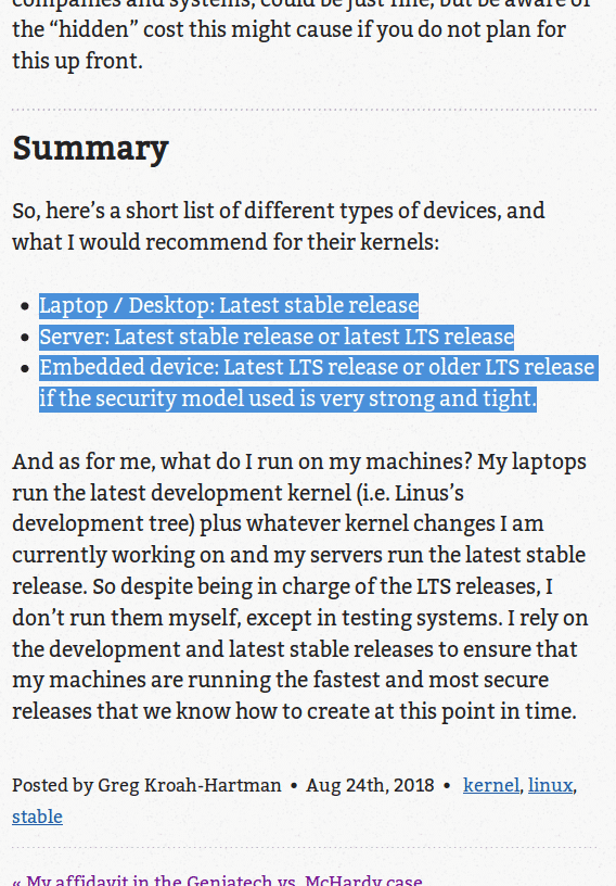 Greg Kroah-Hartman nutzt die aktuellen Stable-Kernel auch bei Servern.
