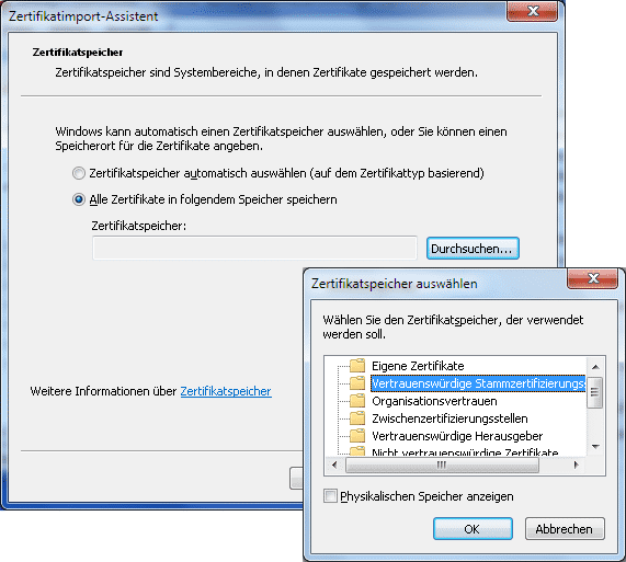 Damit Windows 7 das selbsterzeugte Stammzertifikat korrekt im Speicher für &quot;Vertrauenswürdige Stammzertifizierungsstellen&quot; ablegt, muss man etwas nachhelfen.