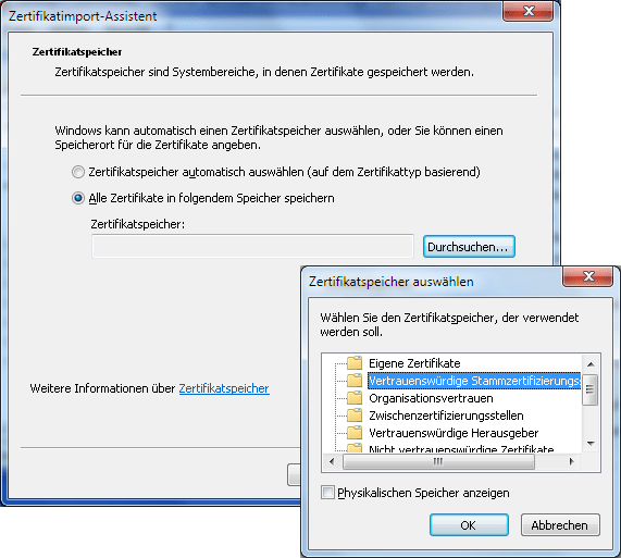 Damit Windows 7 das selbsterzeugte Stammzertifikat korrekt im Speicher für &quot;Vertrauenswürdige Stammzertifizierungsstellen&quot; ablegt, muss man etwas nachhelfen.