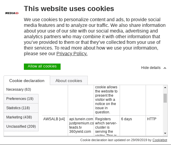Auf internationallen Websites sind große Cookie-Banner mit detaillierten Informationen nichts ungewöhnliches.