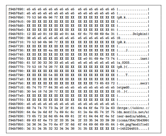 Der Memory-Dump von Firefox 56 enthüllt die gespeicherten Passwörter. System: Ubuntu 16.10, Core i7-6700K.