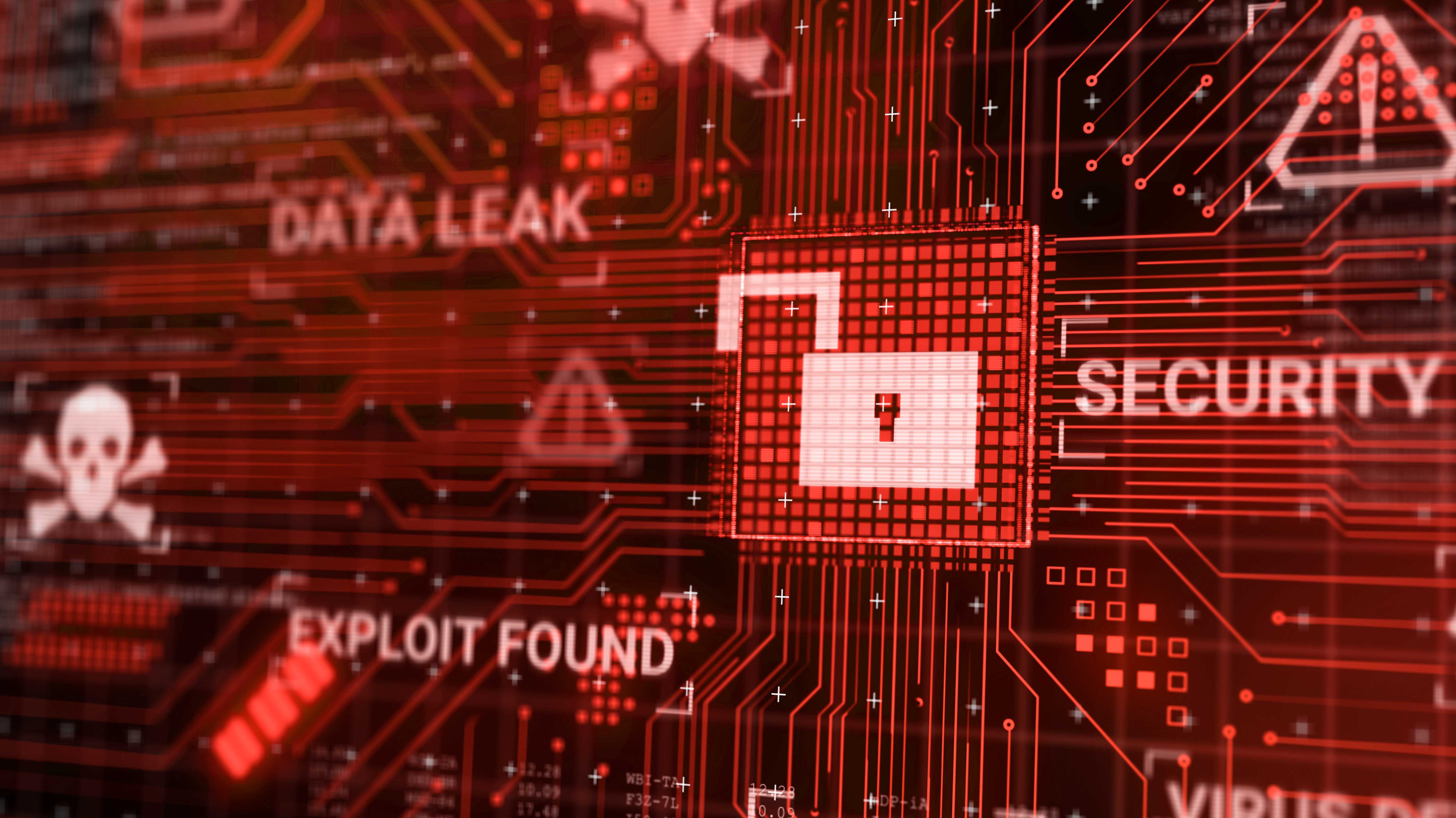 Stilisiertes Bild mit rötlichen Leiterbahnen, offenem Schloss im Vordergrund und den Worten Data Leak, Security, Exploit found