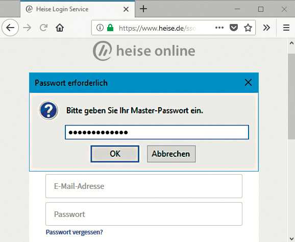 Firefox verschlüsselt seinen Passwortspeicher auf Wunsch mit einem Master-Passwort.
