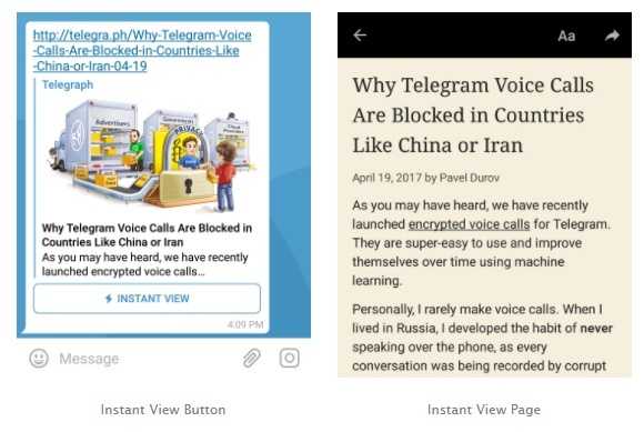 Instant View: Telegram entschlackt Websites und liefert deren Inhalte ohne lange Ladezeiten aus. Die Nutzer brauchen keinen Browser mehr öffnen.