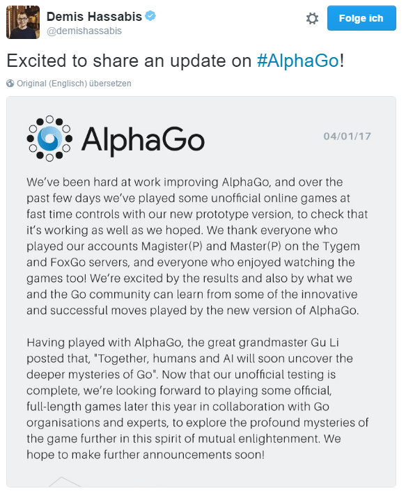 DeepMind-Chef Demis Hassabis kündigte via Twitter weitere Turnierteilnahmen von AlphaGo an.
