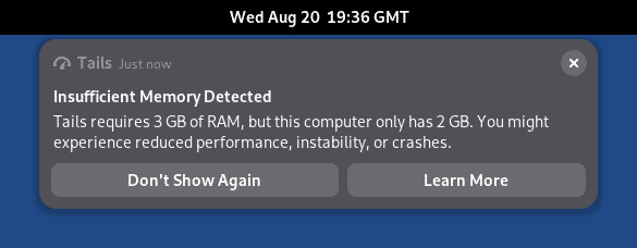 Error message with insufficient RAM