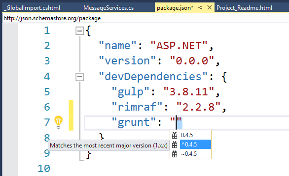 Visual Studio 2015 bietet Eingabeunterstützung für sowohl Paketnamen als auch Versionsnummern, und zwar für alle drei Paketmanager NuGet, Bower und NPM (Abb. 5)
