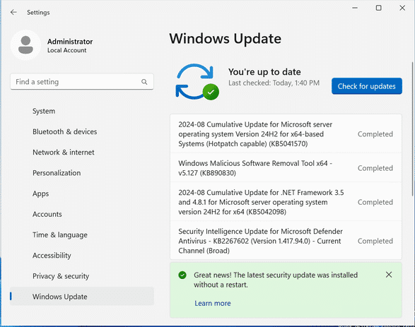 Windows Update shows hotpatches as such