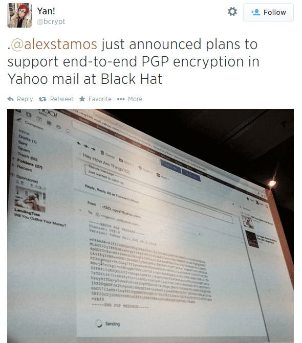 Yan Zhu zeigte bei Twitter einen ersten Screenshot von Yahoos Ende-zu-Ende-Verschlüsselung.