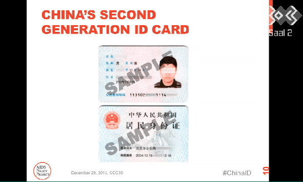 Muster einer mit RFID ausgestatteten Ausweiskarte aus China