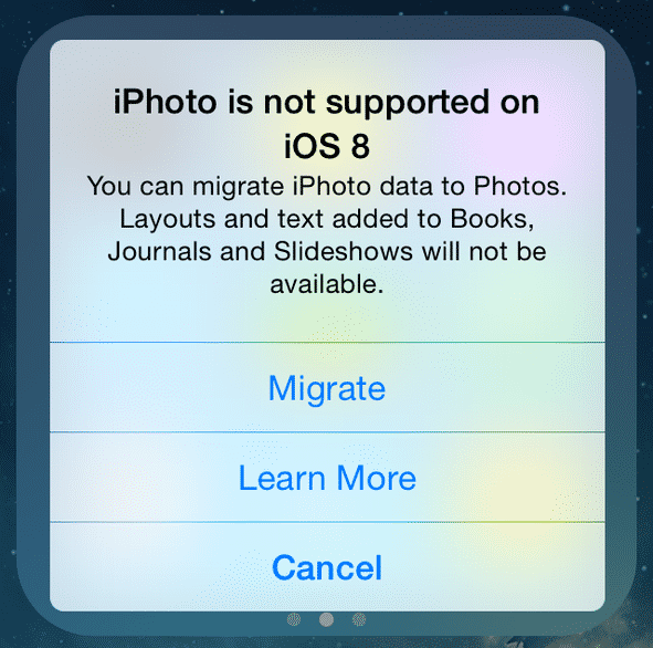 iPhoto läuft unter der aktuellen Beta von iOS 8 schon gar nicht mehr.