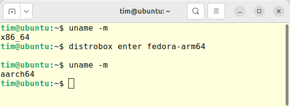 Here Fedora for the Aarch64 architecture runs on an x86 processor, 