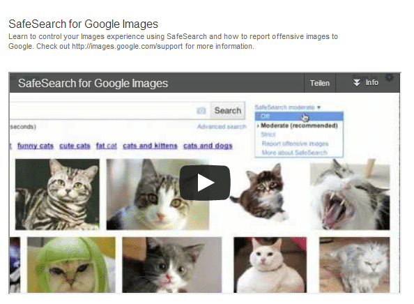 Google erklärt in der Sucheinstellungs-Hilfe mit Video und unverfänglichen Bildern, wie SafeSearch funktioniert und wozu es gut sein soll.