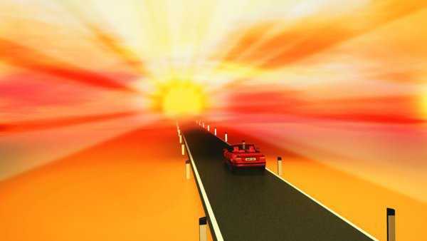 Auto fährt in den Sonnenuntergang